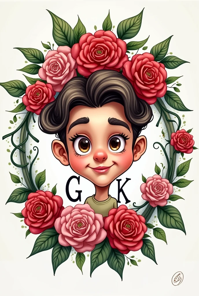 Caricature drawing with the words "G e K" wrapped in a rose crown in 2D with vibrant colors 