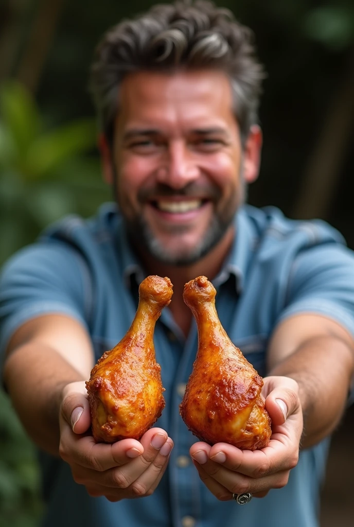 A photo of Henrique from the duo Henrique and Juliano holding two chicken legs