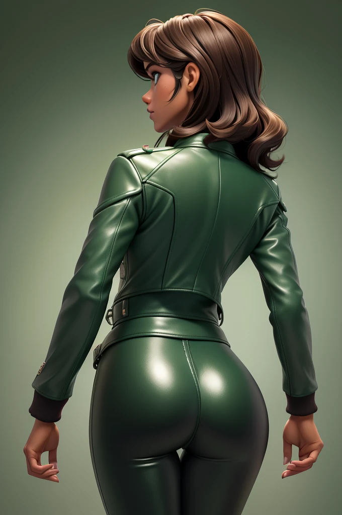 obra prima, melhor qualidade, ((only one woman,)) ((kristi noem, dark tan skin, dark brown wavy bob hair)) looking over shoulder at me, ((wearing metallic green leather biker moto jacket, jacket has padded shoulders, jacket has stiff high collar,)) (((wearing jade green leather pants,))) body is very skinny, arched back, ((extreme closeup view, rear view of high upper body,)) shallow depth of field, highres, HD, 8k, anatomically correct