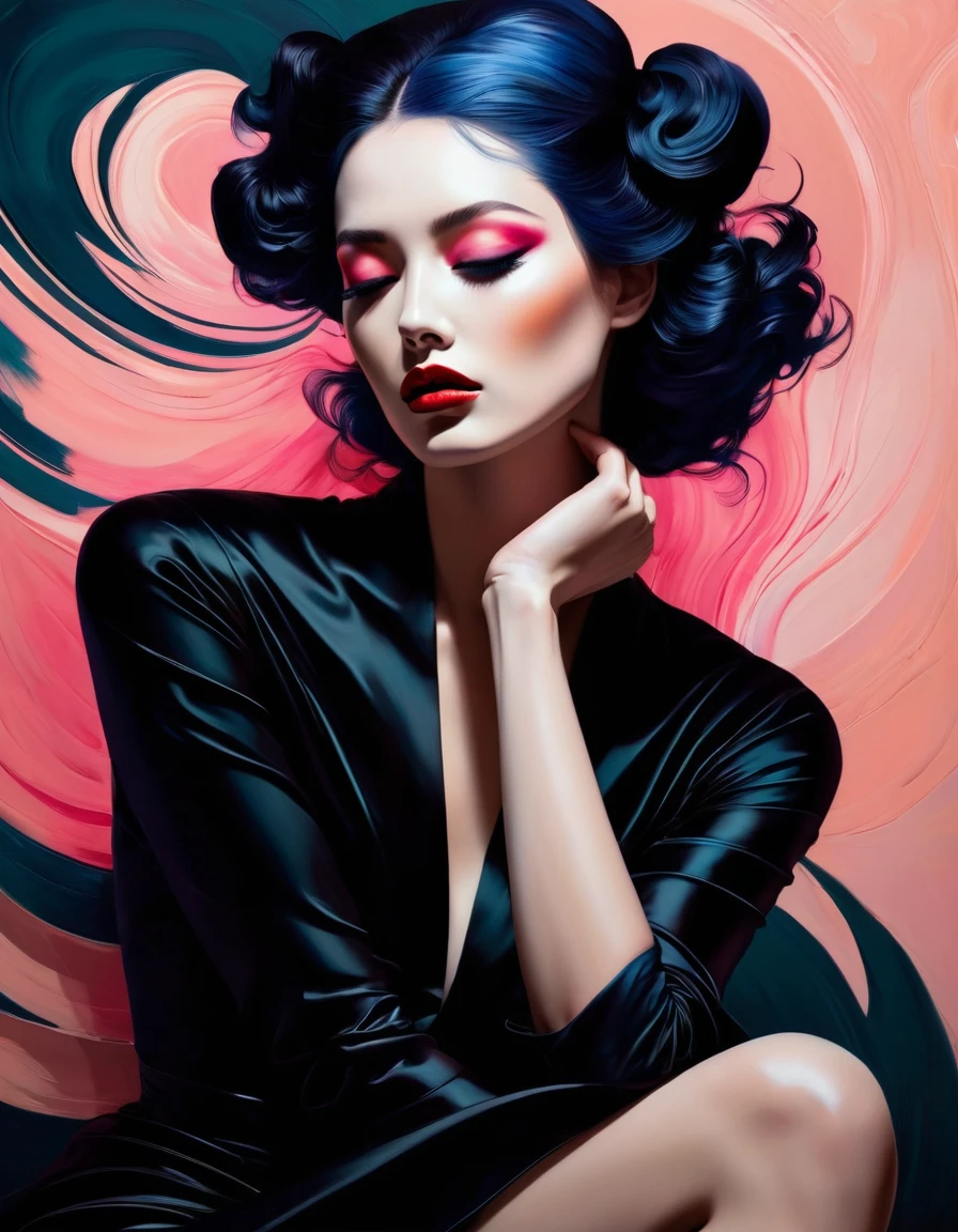 Chiaroscuro technique in the sensual illustration of a model in an avant-garde pose. Show the elegance and sophistication of your attire and posture.., ancient , Creepy matte, Silky matte paint, by Hannah Dale, By Harumi Hironaka, extremely soft colors, Vibrant, Very detailed, Digital artwork, high contrast, dramatic, refined, tonal, Focus on touch, Connection, and relaxation