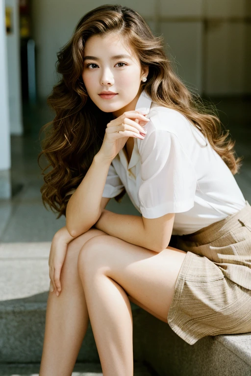 Golden Ratio,Highest quality, Soft Light, Ultra-high resolution, (Realistic:1.4), full_body,RAW Photos, 日Book人の1人, alone, cute, (pupil, Light in your eyes), Beautiful Face,(High resolution detail of human skin texture), (Long Hair), Dress shirt,skirt, (Portraiture),library,Book,smile,Black Hair,18-year-old,Wavy Hair,Curly hair,ロングskirt,High heels,elegant,Grace Kelly,Elegance,actress,Beautiful Hair,Double eyelids,Portrait facing the front