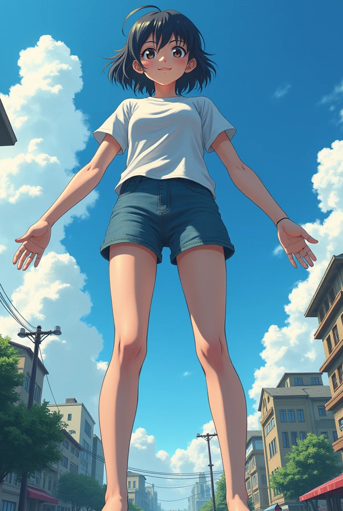 1 girl, oshi no ko, ai hoshino, stepping,(pov from below:1.3), stepped on, pov, low angle, no shoes, feet, looking down, toes, one foot out of frame, leg lift, foot focus, barefoot, standing on one leg, depth of field, outdoors,( foreshortening:1.2), building, city, sky, cloud, giantess, mega size, masterpiece, best,stiky feet
