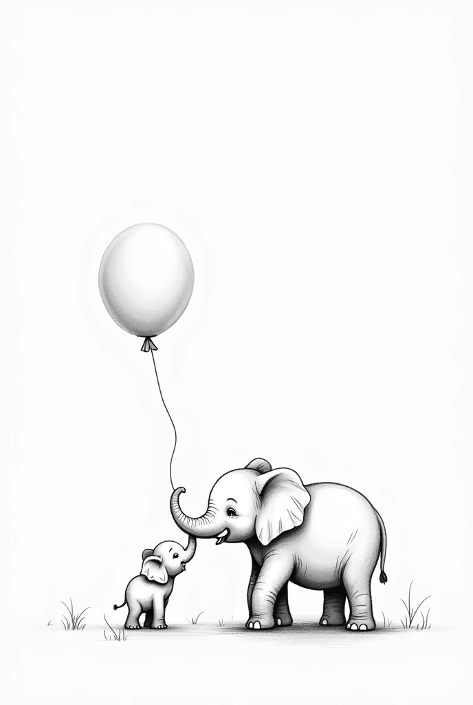 I want a black and white drawing with thin and very simple lines of a mother elephant watching her baby elephant with a balloon in its hand flying