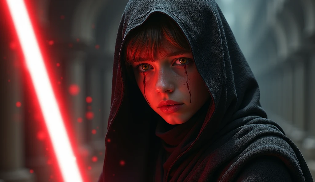 Character created based on the Star Wars world, a young teenage Sith Lord of , with short light brown hair, bright yellow eyes, toned, with a fine black robe whose fabric is tight, a light black cloak over his head, without lightsaber, left hand raised and a shock wave coming out of it, A look of despair, blood tears with tears, a faint cry