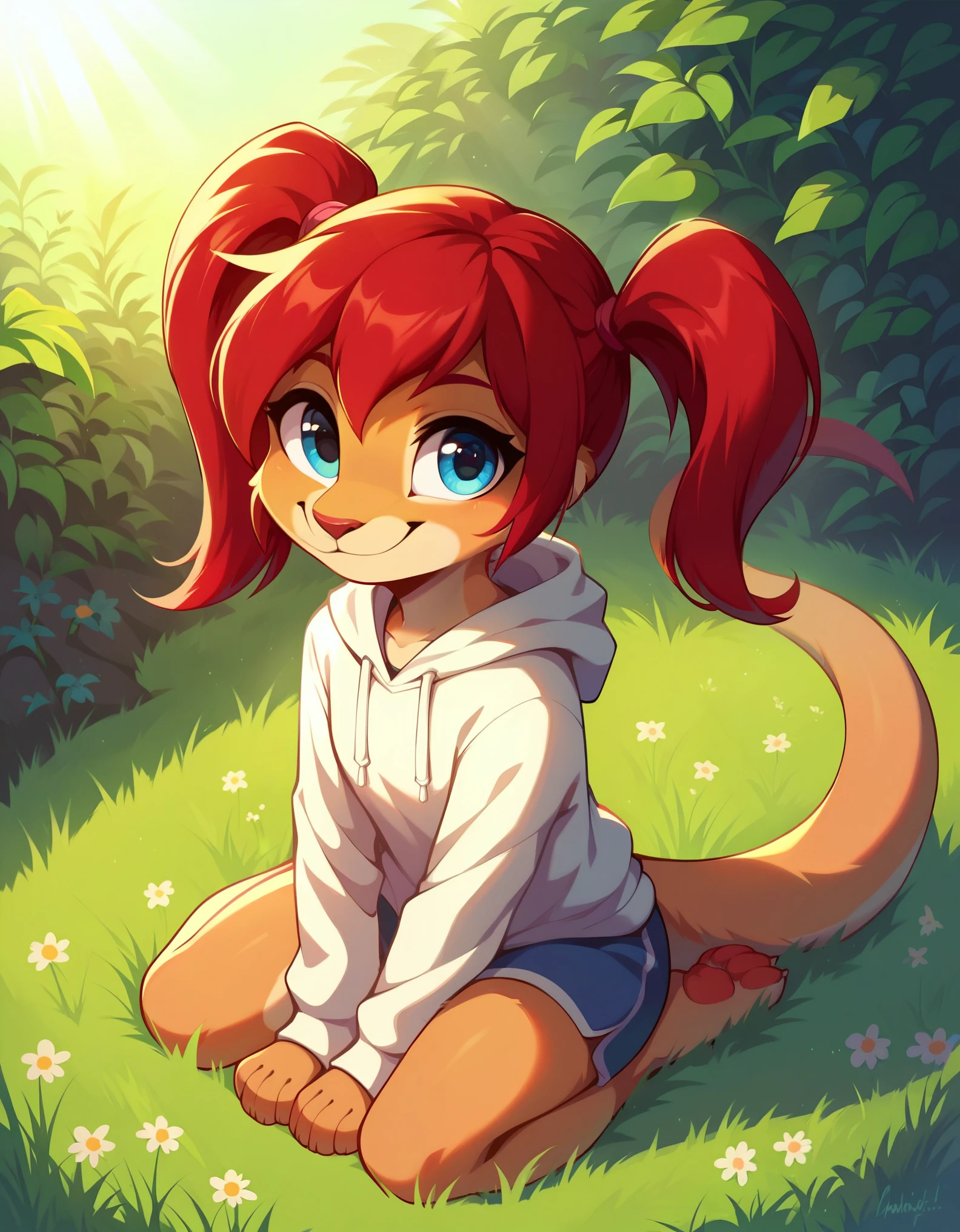 score_9, score_8_up, score_7, rating_ safe, source_furry, furry, camille_w, solo, red hair, twintails, blue eyes, hoodie, (kangaroo tail:0.7), sitting, outdoors, grass, looking at viewer, smile, cute, sunlight, natural lighting, 