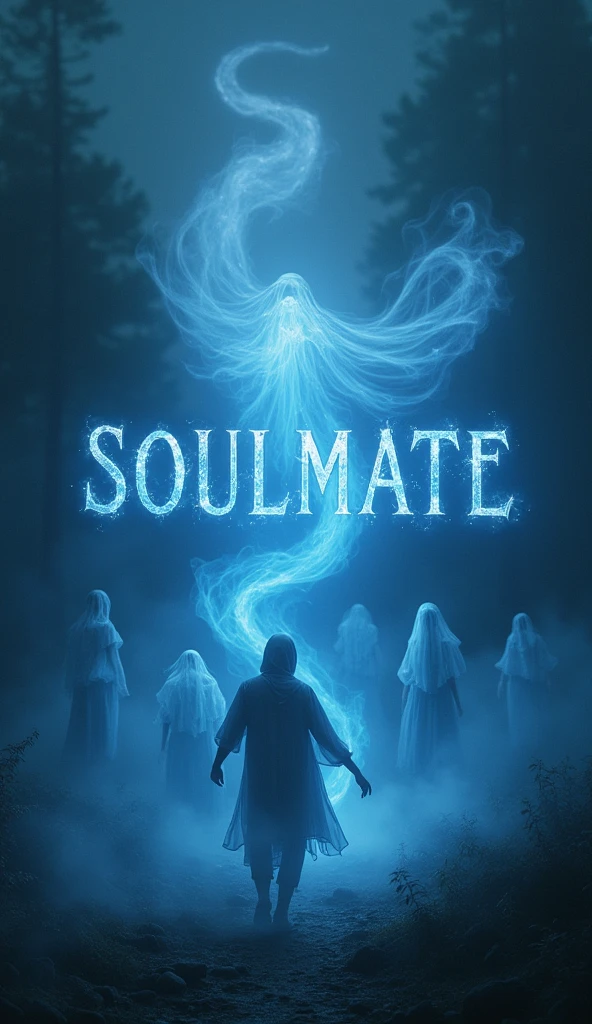 There is a ghosty, fantasy title "SOULMATE" written between flying souls. There is a black dark night, some ghosty atmosphere, magical smoke in the air. A 3D, fantasy, adventure, realistic and aesthetic poster.