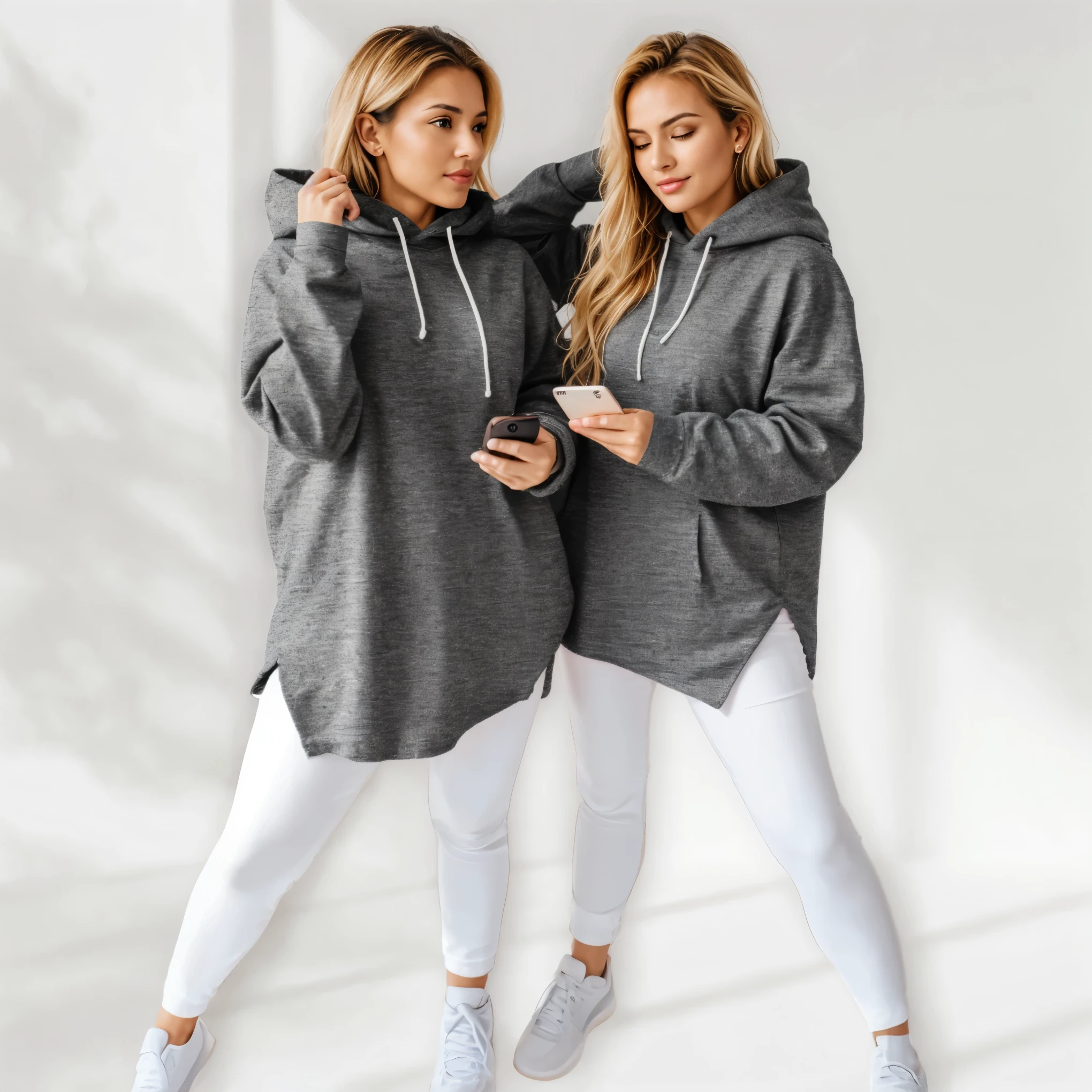 Reimagine a (latina blonde & brunnette women) wearing the exactly like top but with more plush effects of cotton best quality, bothbhave different faces, (plush puffy-look cotton material on the sweater), AVOID ALTERING THE SWEATER DESIGN, masterpiece, bestquality, masutaapiisu, shot with, BREAK, photographed on a Canon EOS R3, 105mm F/2.8 VR Macro Lens, HDR, 8k, (sharp focus), (maintain plush top wearing),