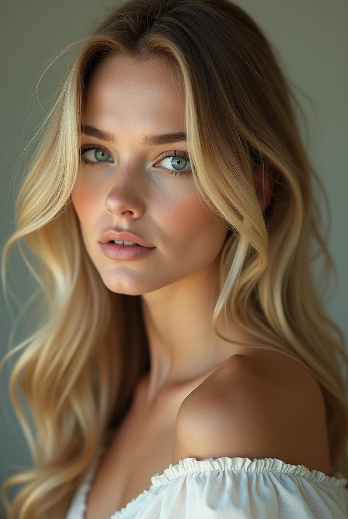long hair woman, rubio, and straight, with green eyes and pale skin 