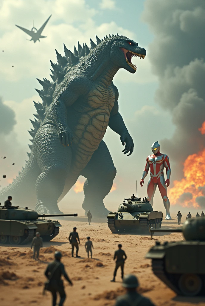 godzilla with ultraman.' army day bomb . sea, beach . everywhere lot of soldier in battlefield.world war 2. tilt shift photography. lot of war. tank.aircraft 1940. air drop