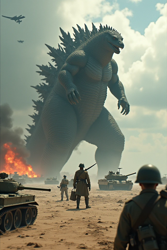 godzilla with ultraman.' army day bomb . sea, beach . everywhere lot of soldier in battlefield.world war 2. tilt shift photography. lot of war. tank.aircraft 1940. air drop