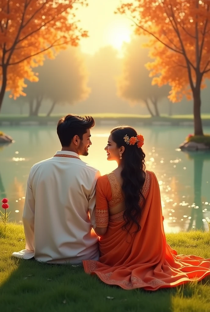 A serene and picturesque scene of a ed south Asian couple sitting side by side on a lush, green grassy area. The young woman is wearing a vibrant basunti-colored saree, and the young man is dressed in a pristine white panjabi and his hair style is very small size hair style. They both face have light smile . In the background, a beautiful pond shimmers under the golden autumn sun, and a few trees with vibrant autumn hues frame the scene. The weather is mild and perfect for this idyllic moment of connection.
