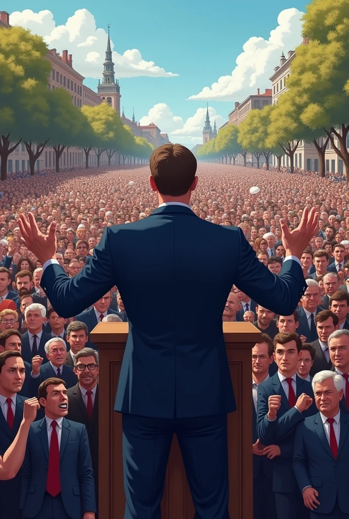A crowd of people listening to a politician dressed in a blue suit.
