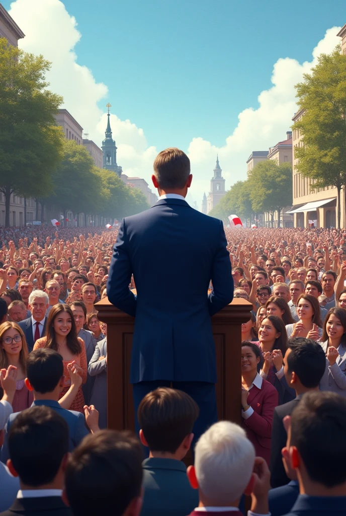A crowd of people listening to a politician dressed in a blue suit.