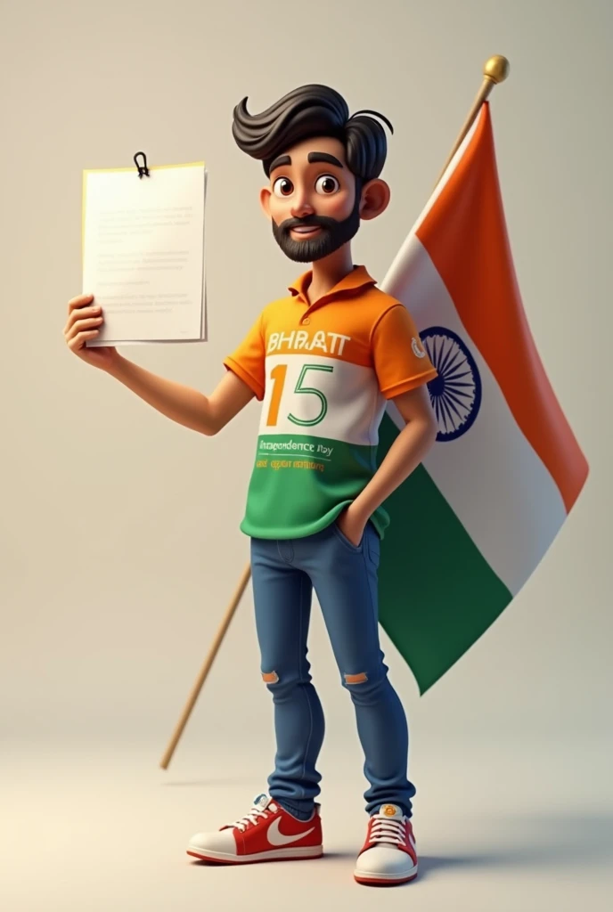 A 30 years old boy holding A4 sheet paper in one hand written on it’s"Ambition commerce coaching 15Aug.Tally offer only RS.6000"  and second hand holding the national flag of Bharat and he is wearing a  shirt print is like Bharat flag and “Bharat Arora” and 15 number and independence day in small written on it’s back in big and bold fonts, 3d illustration