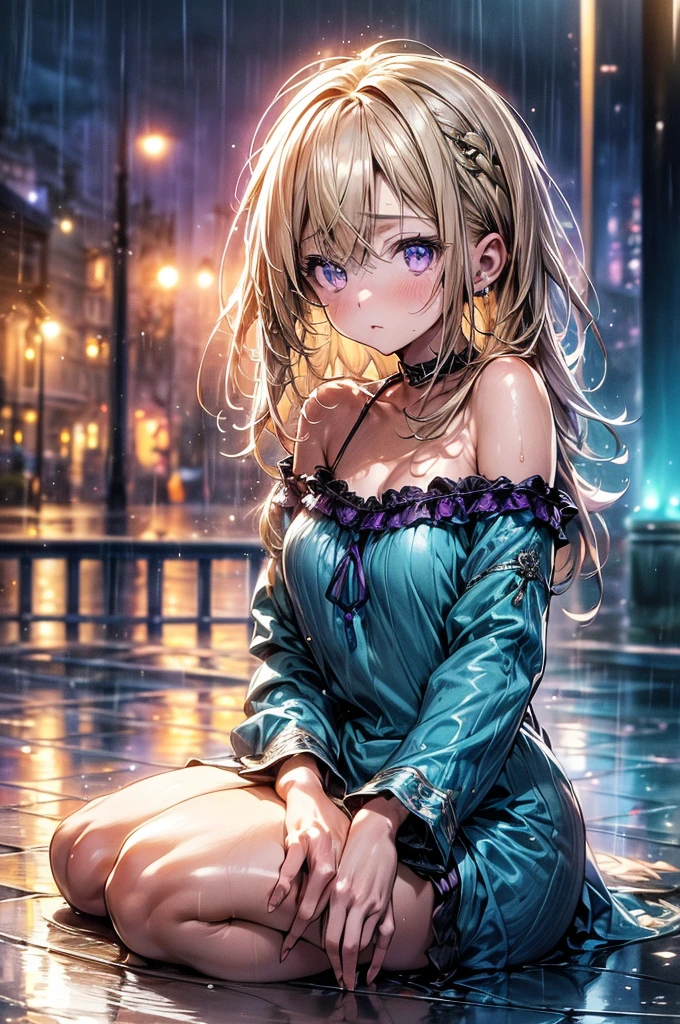 (master quality, amazing detail, amazing eyes), 1girl, out at night in the pouring rain wearing nothing but her pyjama top, the pyjama top is coloured teal, teal colour clothing, teal top, extremely detailed purple eyes, depressed expression, extreme detail, various poses, short caramel blonde hair, 17-year-old, young woman, outside, very small B-cup breasts, lots of raindrops, heavy rain, (very short caramel blonde hair), cinematic lighting, masterpiece, best quality, (depth of field hdr 8k 4k wallpaper cinematic angle, cinematic lighting:1.5), (masterpiece, best quality:2.0), detailed clothing, modern-day, cotton fabric, sat of the ground, huddled, alone, soaking wet hair, sitting on the pavement, sitting on the ground, sat on the floor, alluring purple and gold eyes, ((purple eyes)), Detailed Iris, cotton or woollen fabric, dull wet pyjama top, goosebumps, bare skin, very short pyjama top,