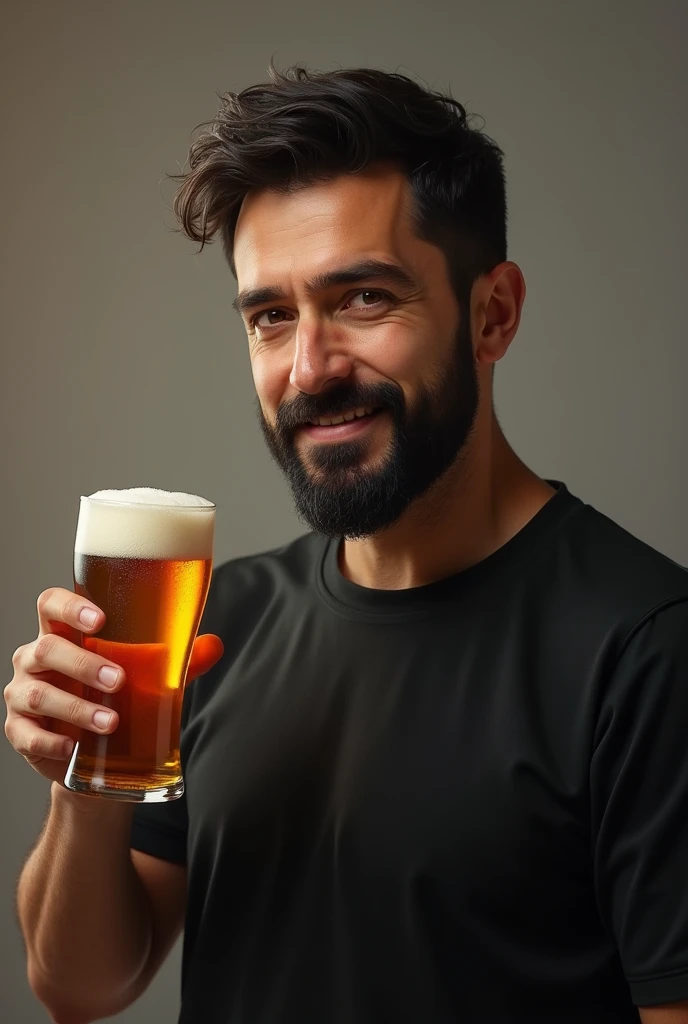 a dark-haired man of 39 years old, with dark hair, a bearded man, eyes black,  black jersey, with a glass of beer in his right hand, happy face, be standing, focus on the beer glass. show the whole body.