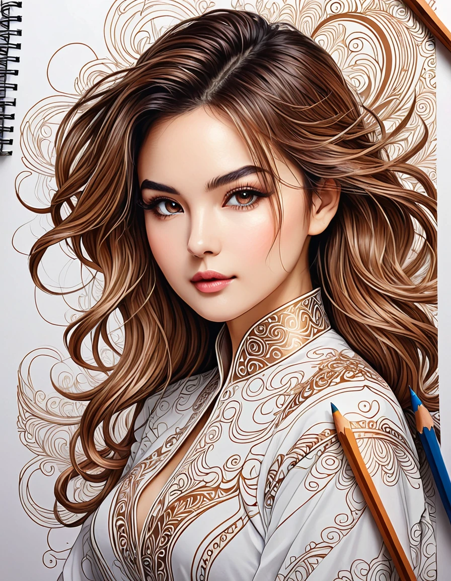 best qualityer,super verbose,real,line art,outline,Drawing pencil,brown and white,thin-lines,paint texture,Expressive,contour,ombre,beautiful and intricate patterns,The composition is simple and generous, work of art:1.2