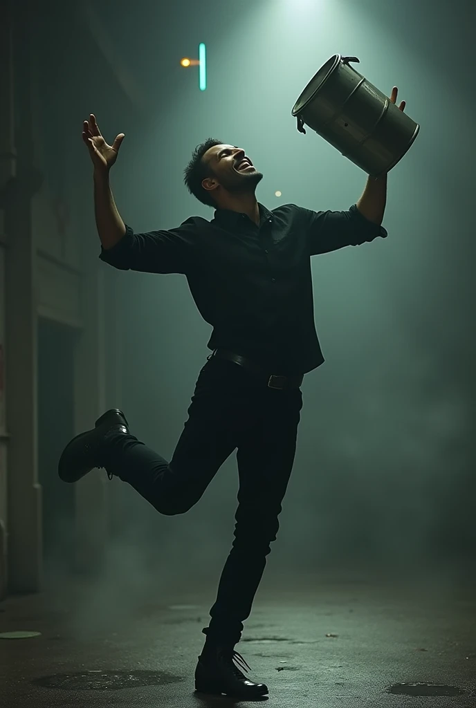 Ek creepy smart man jisne black shirt pant pehni h wo haste huye steel dustbin ko hwa me uchalte huye laat marte huye