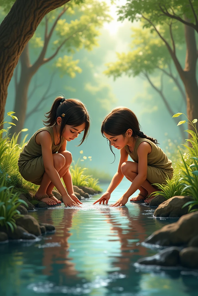 Two children taking care of water