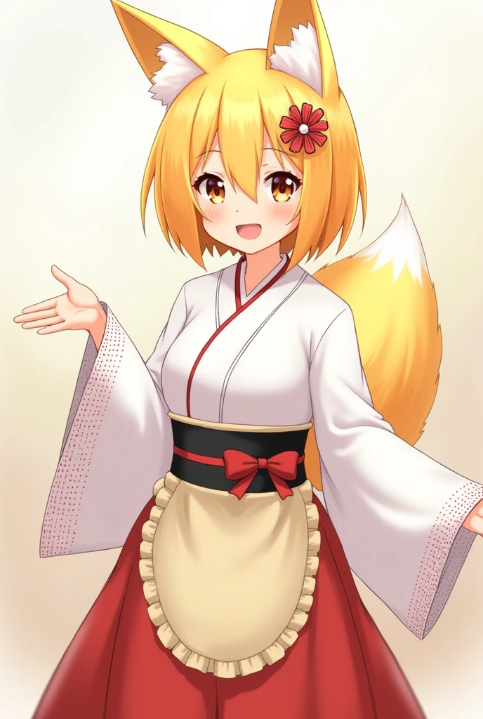 Draw me a beautiful girl with fox ears and one tail with short yellow-orange hair dressed in a white kemano with red dotted lines along the sleeves with a red long skirt and on top of all the clothes a beige apron the apron belt is black and should envelop her neck and it should be on top of the skirt and on the Senko belt there should be a red big bow. and with a smile he stretches out his hand in front of you. and on her head there is a hairpin in the form of a flower with red petals and in the center there is a white circle.