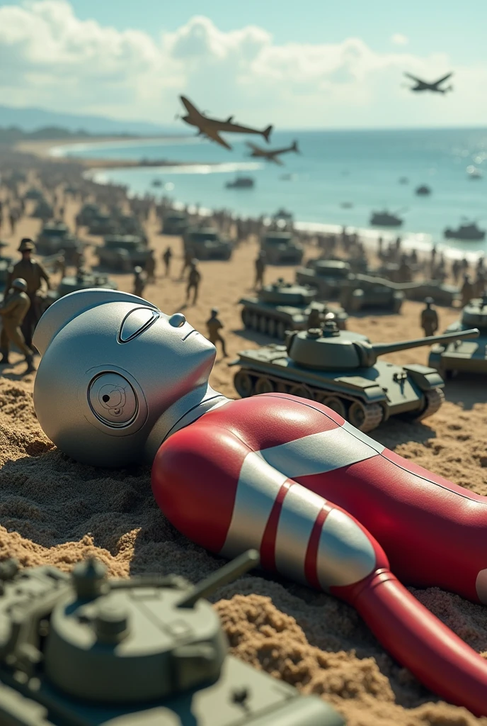 sleeping ultraman. army day bomb . sea, beach . everywhere lot of soldier in battlefield.world war 2. tilt shift photography. lot of war. tank.aircraft 1940. air drop