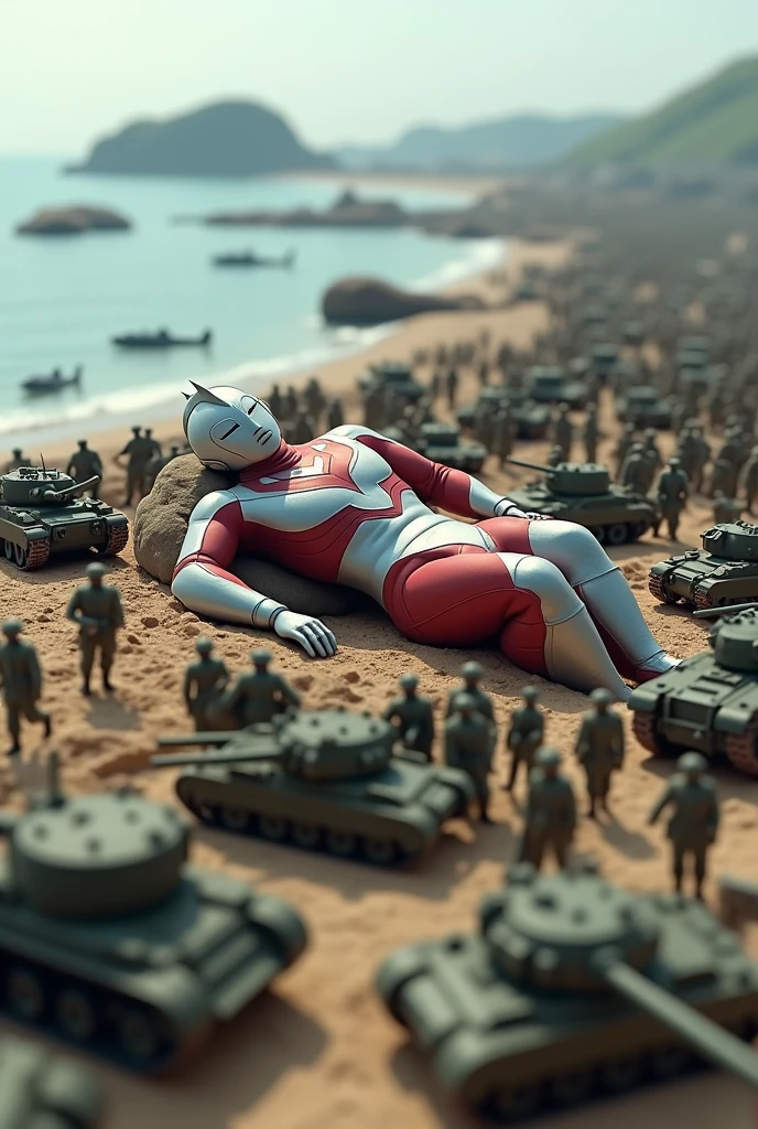 sleeping ultraman. army day bomb . sea, beach . everywhere lot of soldier in battlefield.world war 2. tilt shift photography. lot of war. tank.aircraft 1940. air drop