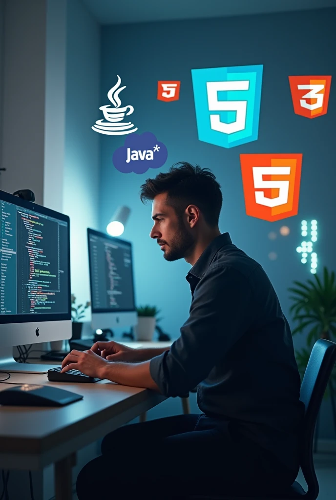 Generate an image of a man programming around containing the logos of the programming languages Java and javascript and Spring boot and HTML and CSS Mysql