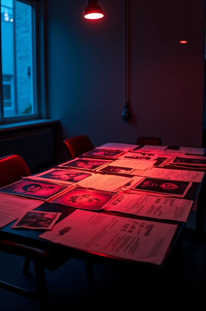 A table on which the details of a criminal case can be seen with some photos
Red and blue lighting