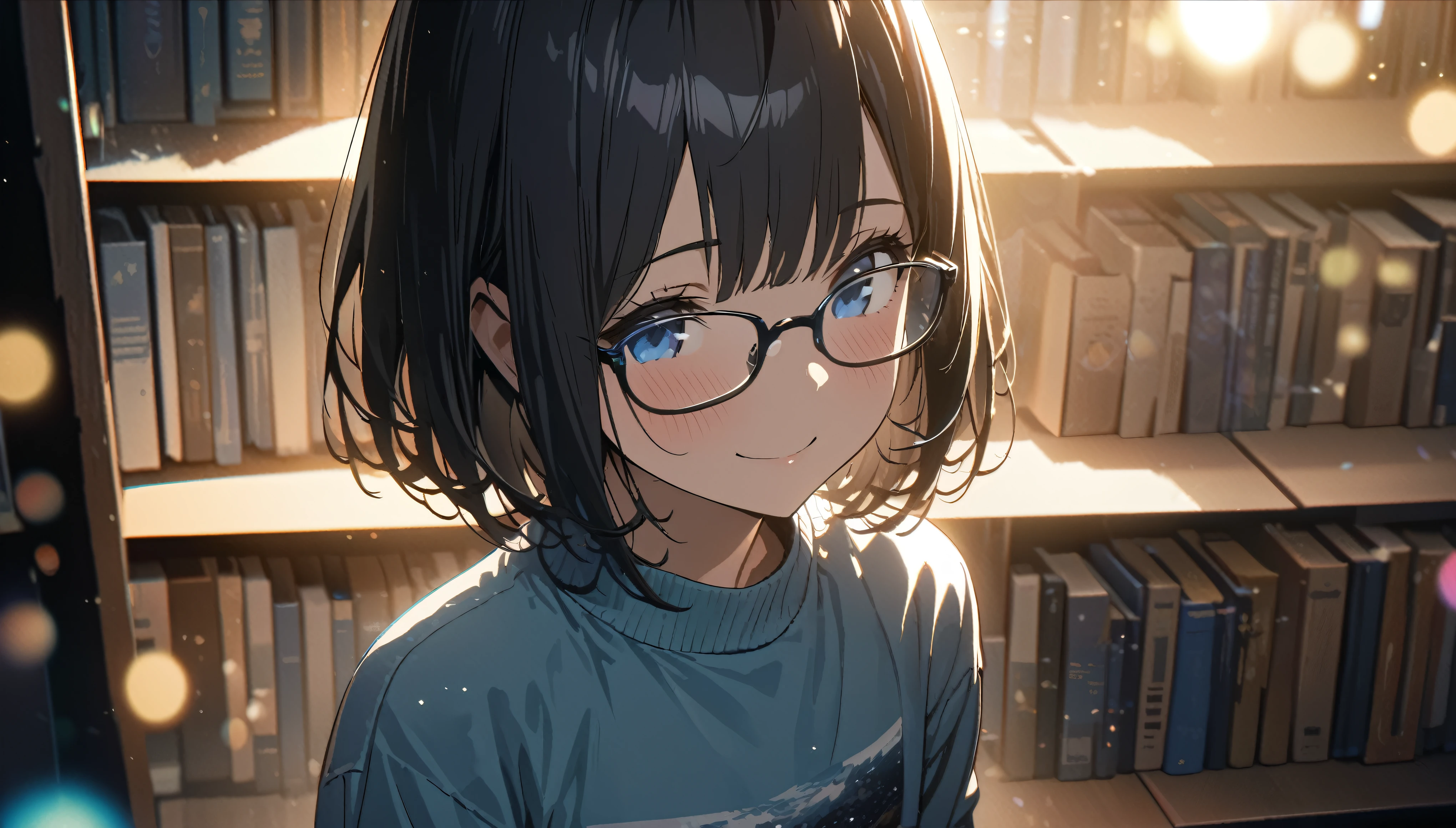 ((ultra-detailed))/(one women with short black hair and bob hair.、beautiful blue eyes,.、smile、gentle smile on her face、flat chest, one Beautiful girl,((masterpiece, illustration, best quality) ((ultra-detailed))/),at a quiet library at night,The character with glasses, wearing a sweatshirt 。,濃い青とBeautiful Blueのグラデーション, High resolution, 8K HD detail, hyper-detail, cinematic, surrealism, soft light, deep field focus bokeh, ray tracing and surrealism. --v6'