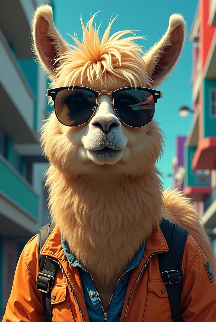 generate a llama animal with sunglasses, that it's a shoulder bag and bad with drugs