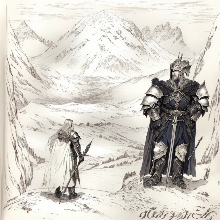 drawing of a man and woman in armor, standing in the mountains, LOTR fan art, Anato FinnStark and Kelogsloops, Inspired by Alan Lee, fan art, an ominous fantasy illustration, inspired by János Saxon-Szász, Dragonlance Illustration, drawn, inspired by Sigurd Svein, Ice Giant, gutra and all that