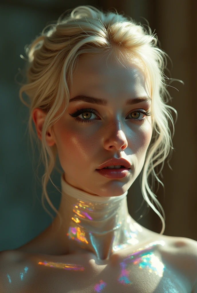 photorealistic Realism 8K, 16K Quality, (ultra absurd quality, extremely detailed detail, hyper resolution, clear sharp focus, not blurry, Realistic brown_eyes:1.35), (perfect dark_eyeshadows), (super Detailed, beautiful little nose), (perfect composition), Depth of field, cinematic light, Lens flare, (extremely beautiful face, beautiful lips , Beautiful eyes), Intricate detail face, best high quality real texture skin:1.3, A woman with velvety skin:1.33), ((best high quality real texture hair)), (short blonde hair, (wavy, combed up, behind the ear), extremely detailed:1.38, photo of the most beautiful artwork in the world, professional majestic (photography by Steve McCurry), 8k uhd, dslr, soft lighting, high quality, Fujifilm XT3 sharp focus, f 5.6, dramatic, (Anatomically correct perfect proportions), perfect hands:1.2, (Super beautiful face), (perfect female body), cute girl, ((firm and full breasts)), (the most absurd quality perfect eyes), (light pale complexion), transparent color, (golden Holographic Full Bodysuit:1.3) , Ultra-tight fit bodysuit with super reflective surfaces, (Upper body shot),