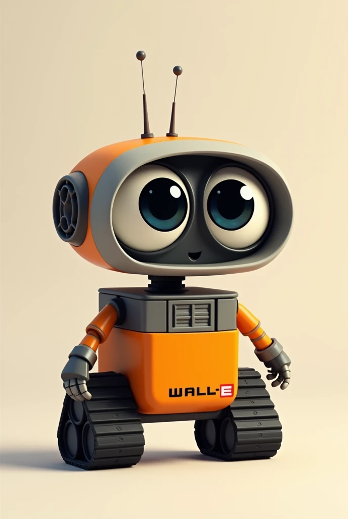 A character based on Disney's Wall E. Predominant Colors, orange, gris, black andwhite. Body color, orange. head, arms and legs, Use neutral colors, gris, black andwhite. Your big eyes, black and white. He has a friendly and cheerful look. Your ears are antennas. , do not use identifying letters or numbers.