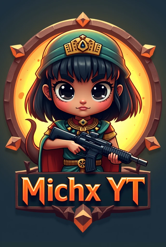 Create a logo of my animated face, I have normal skin, black hair, an Egyptian-like nose, black eyes, a normal mouth and normal eyebrows, small ears, and that I see a circular geming logo. With a dinosaur suit and a gun in my hand that looks geming and the nose is a little bigger, and inside my logo it says Michx YT, that inside my logo it says Michx YT, that the character looks bad.