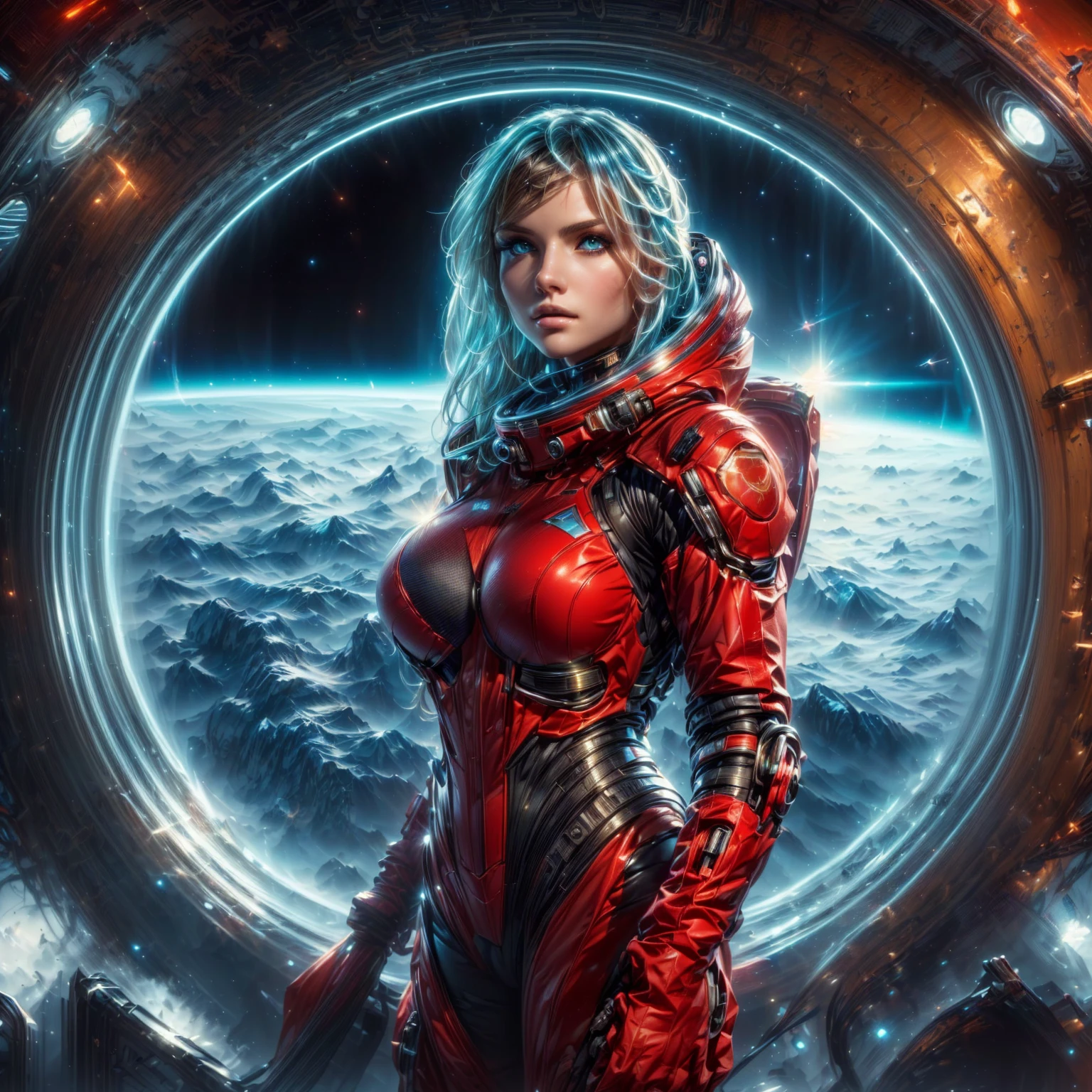 a woman in a spacesuit stands in front of a window, epic sci-fi character art, epic sci-fi character art, Award-winning science fiction art, detailed sci-fi art, Science-Fiction-Frau, Wojtek FUS, Beautiful science fiction art, Epic Sci-fi character art, Beautiful woman in spacesuit, Science-Fiction-Illustrationen, Science-Fiction-Illustrationen