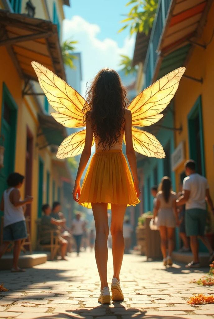 Girl with bee wings wearing short clothes walking on the streets of Brazil 