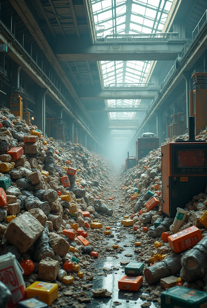 "Solid waste from a manufacturing industry, with piles of discarded packaging materials, Broken machinery parts and waste from production lines. The scene is inside a large factory, with assembly lines and industrial robots visible in the background.
