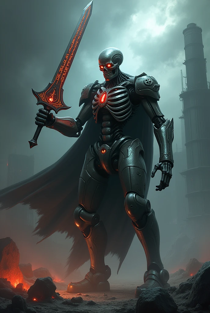 Skeleton-faced robot with a sword 