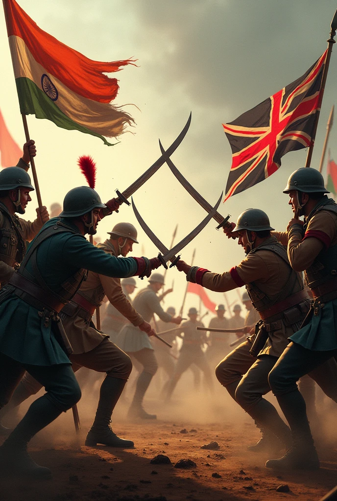 India versus British fight without any peoples only all the knife and which flags are trounc
