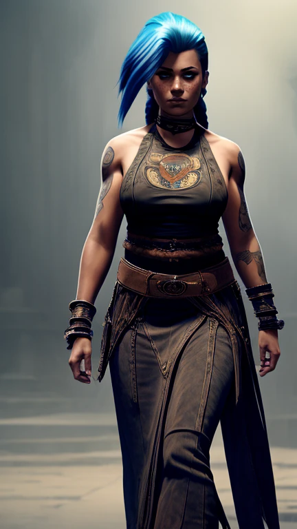 Ultra high resolution photograph of a South American Indian mixed race 35 year old woman, The womans clothing is a mixture of space cowboy style and South American native style, the womans hairstyle is a mohawk with shield maiden hairstyle and the sides of the head are tattooed, Hair color dyed, The womans pose is riding a Cerberus hellhound, Face depicted realistically and in detail, The body stature is tall with long legs and sensual curves and medium sized breasts, The mood of the photography is dark, Top is a sleeveless cowboy shirt with a wide waist belt, Legwear is a maxi leather skirt with etched Indian patterns and leather boots for women, Woman in her pose close to the camera