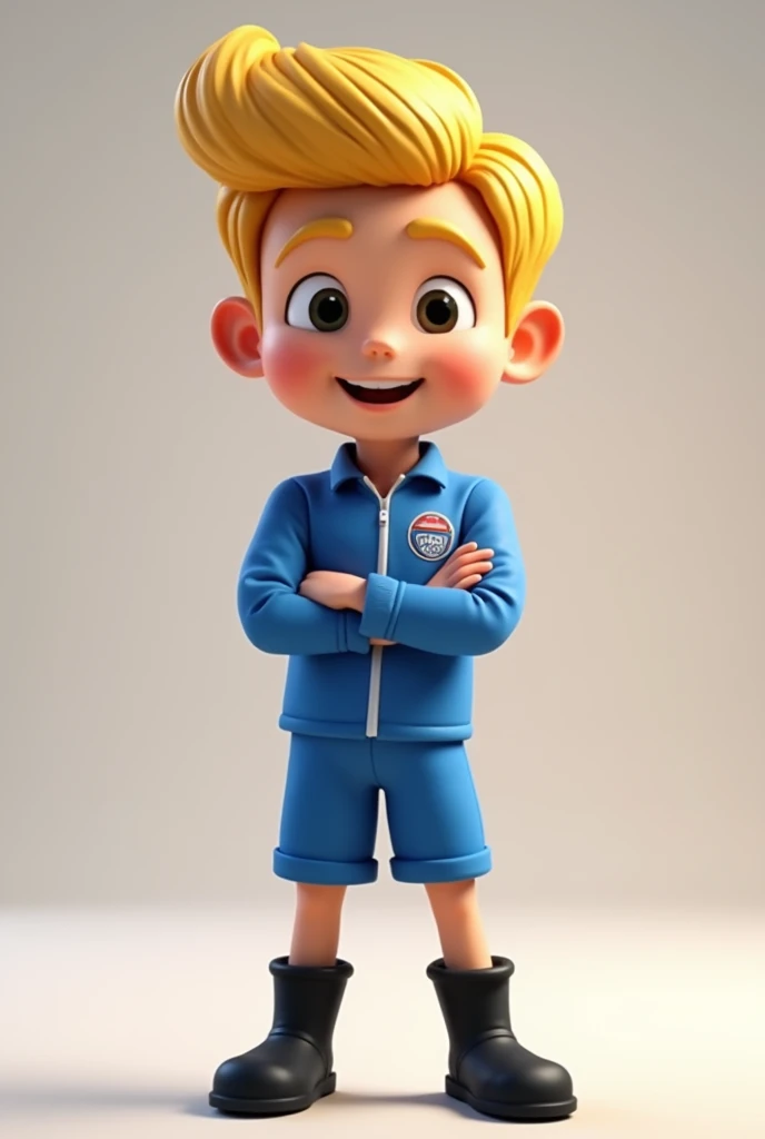 Cria um mascotIt is dIt is um pIt isrsonagIt ism animado baixo  3d loiro masculino  quIt is usa uniformIt is azul sIt isn logo com bota prIt ista com as mãos crusada , It is