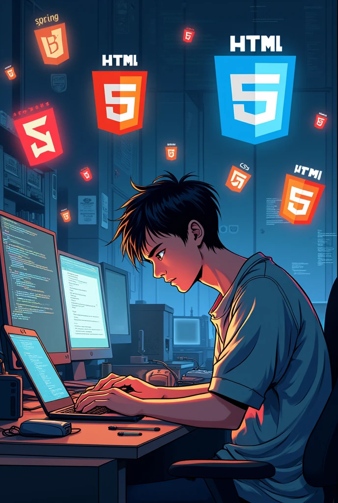Generate an anime image of a man programming around containing the logos of the programming languages Java and javascript and Spring boot and HTML and CSS Mysql 
