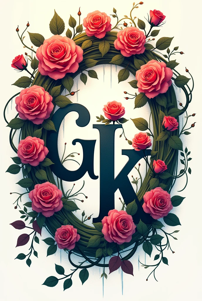 Drawing with words "G e K" wrapped in a crown of roses with long 2D stems in vibrant anime style colors