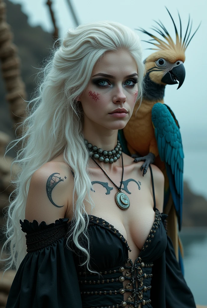 A pirate woman with white skin, blue eyes, white hair. smoky eye makeup, tattoo of a moon. Has a cockatoo on her shoulder