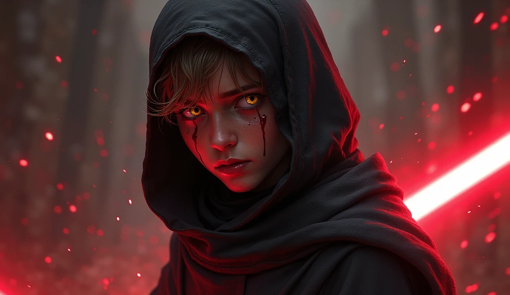 Character created based on the Star Wars world, a young sith lord teenage boy, with short light brown hair, bright yellow eyes, toned, with a fine black robe whose fabric is tight, a light black cloak over his head, left hand raised and a shock wave coming out of it, A look of despair, crying blood with tears, a faint cry, 真实感, Perfect Anatomia, fully body