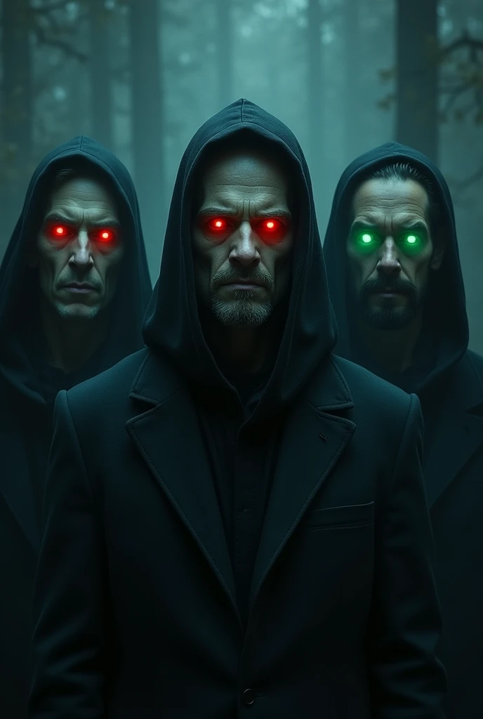 Three men in the darkness with eyes glowing in different shades