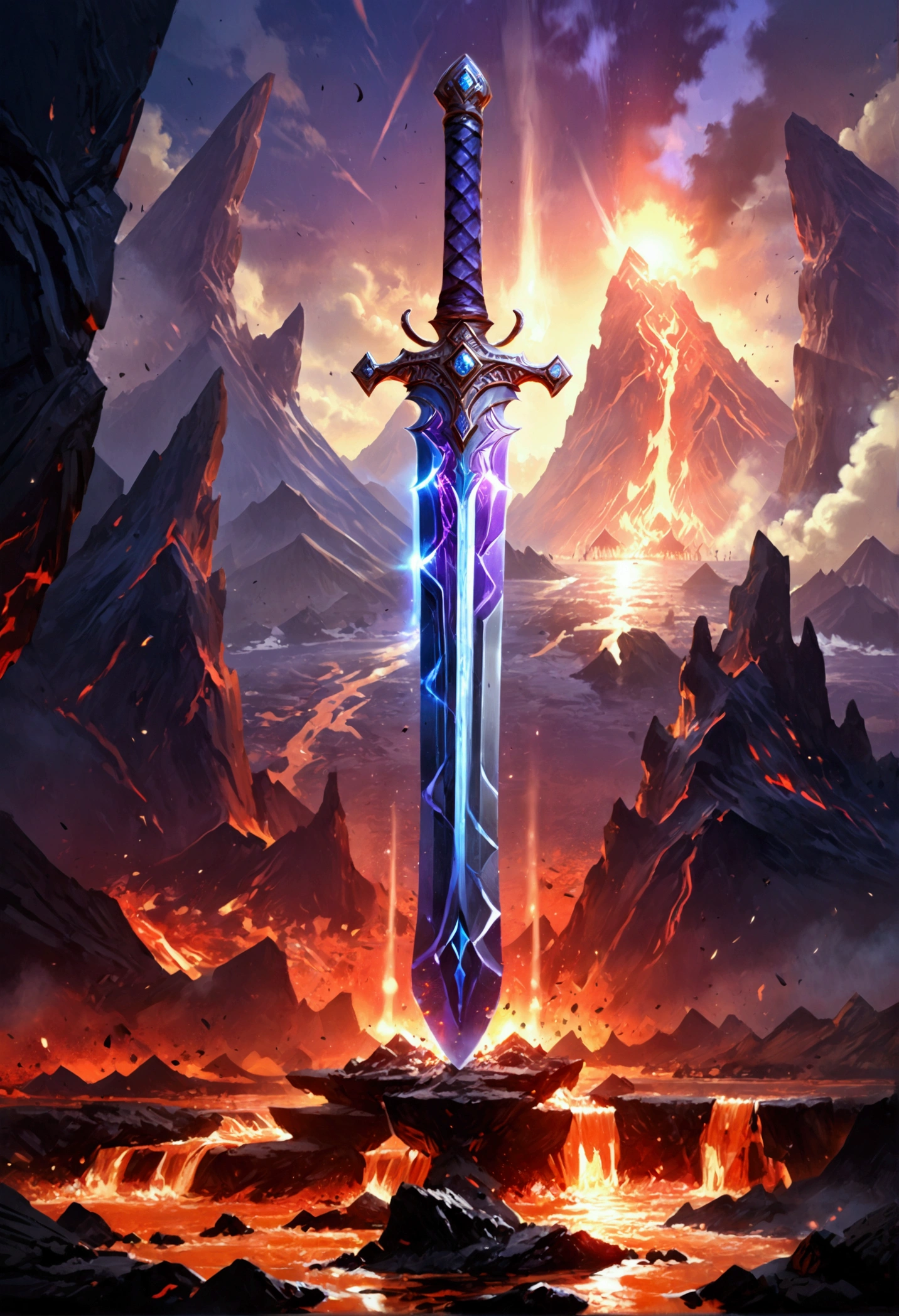 an giant sized sword surrounded with blue flame  stands on its point in volcano, a masterful sword made from diamond, epic sword, divine sword, (mountain sized sword: 1.5), its glistening in the sun, it has many facets, purple flames surround it GlowingRunesAI_purple, it stands in a pool of lava in a volcano, fantasy volcano background, sun rays, divine rays, high quality, landscape, lava land,  (best details, Masterpiece, best quality :1.5), ultra best realistic pictures , best details, best quality, 16k, [ultra detailed], masterpiece, best quality, (extremely detailed), ultra wide shot, photorealism, depth of field, diamondWM