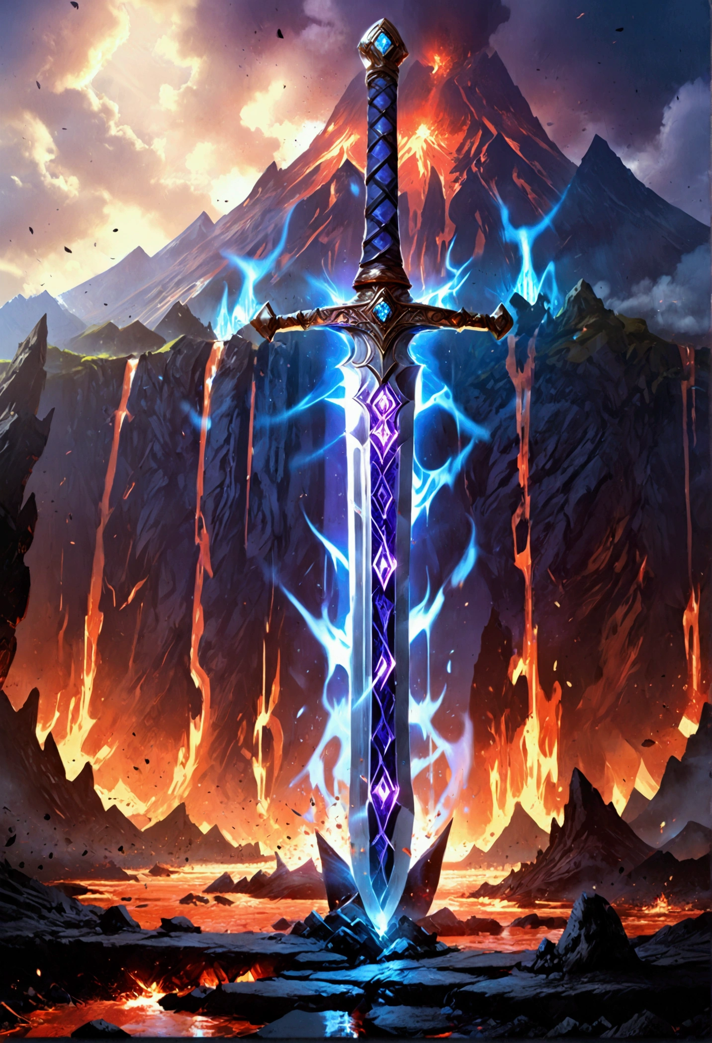 an giant sized sword surrounded with blue flame  stands on its point in volcano, a masterful sword made from diamond, epic sword, divine sword, (mountain sized sword: 1.5), its glistening in the sun, it has many facets, purple flames surround it GlowingRunesAI_purple, it stands in a pool of lava in a volcano, fantasy volcano background, sun rays, divine rays, high quality, landscape, lava land,  (best details, Masterpiece, best quality :1.5), ultra best realistic pictures , best details, best quality, 16k, [ultra detailed], masterpiece, best quality, (extremely detailed), ultra wide shot, photorealism, depth of field, diamondWM