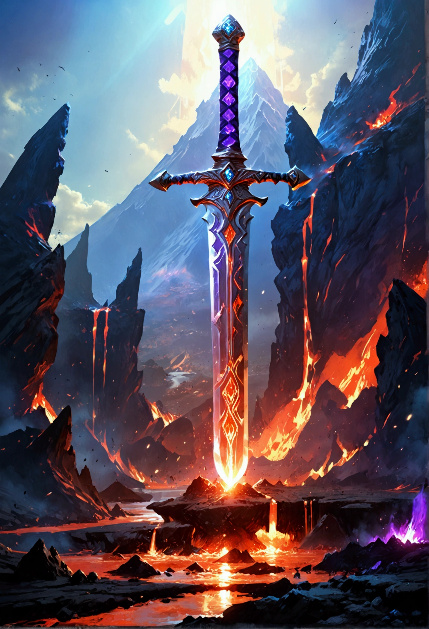 an giant sized sword surrounded with blue flame  stands on its point in volcano, a masterful sword made from diamond, epic sword, divine sword, (mountain sized sword: 1.5), its glistening in the sun, it has many facets, purple flames surround it GlowingRunesAI_purple, it stands in a pool of lava in a volcano, fantasy volcano background, sun rays, divine rays, high quality, landscape, lava land,  (best details, Masterpiece, best quality :1.5), ultra best realistic pictures , best details, best quality, 16k, [ultra detailed], masterpiece, best quality, (extremely detailed), ultra wide shot, photorealism, depth of field, diamondWM