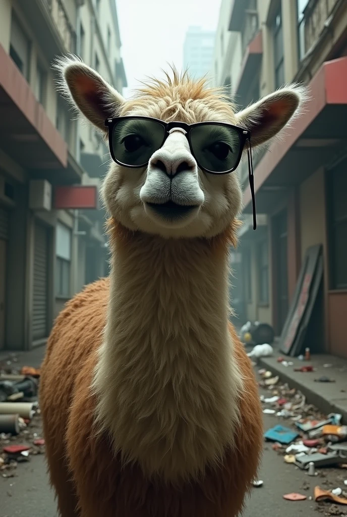 generate a llama animal with sunglasses, that he's a drug addict and a bum

